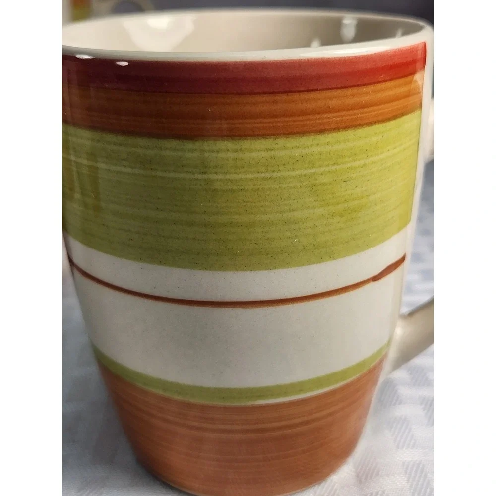 Pier 1 Valencia Coffee Cups Mugs, Handpainted, Orange, Red, Green Beige Set Of 8